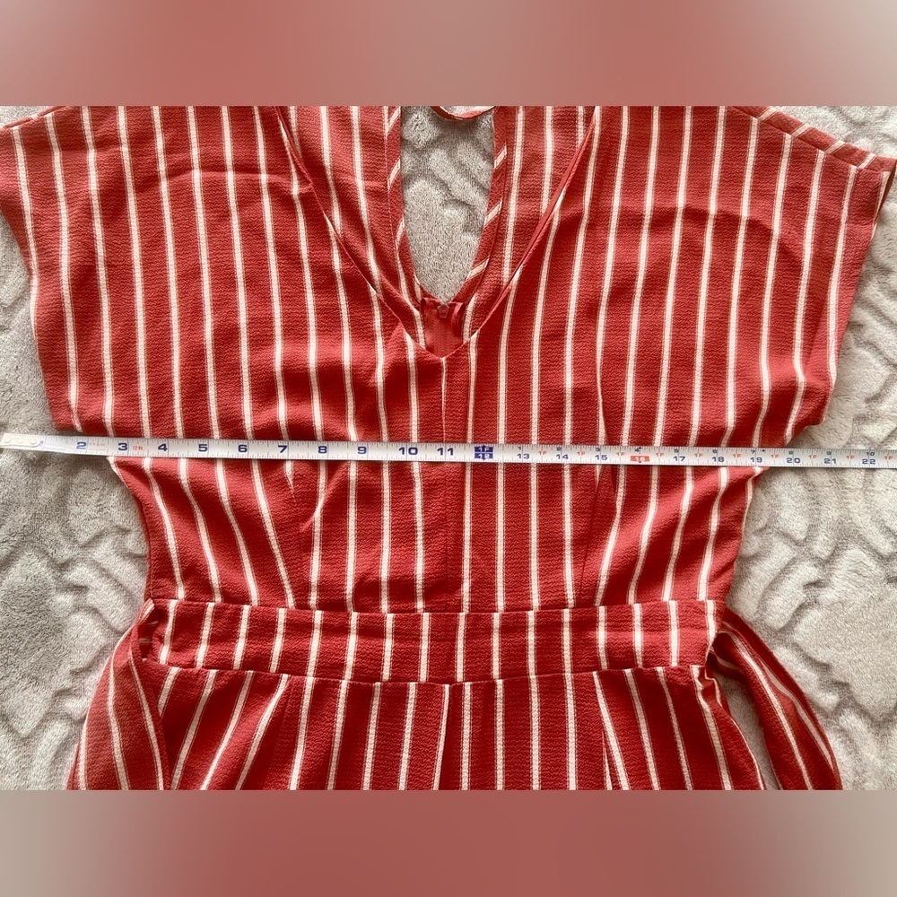 Burgundy White Striped Wide Leg Jumpsuit Pockets M - Picture 7 of 9